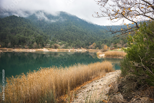 Autumn landscape with green waters of lake Tsivlos, Peloponnese, photo