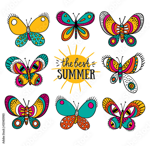 Summer card with butterflies and stylish lettering - 'the best summer'. Vector Isolated Colorful butterflies on the white background.