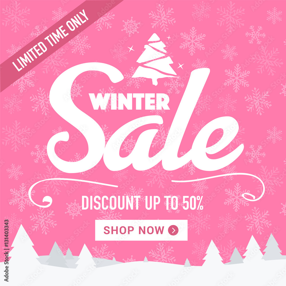 Winter sale social network banner. Pink background, snowflakes. Square