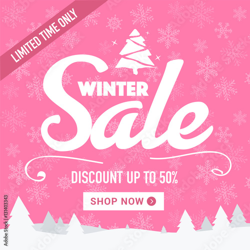 Winter sale social network banner. Pink background  snowflakes. Square