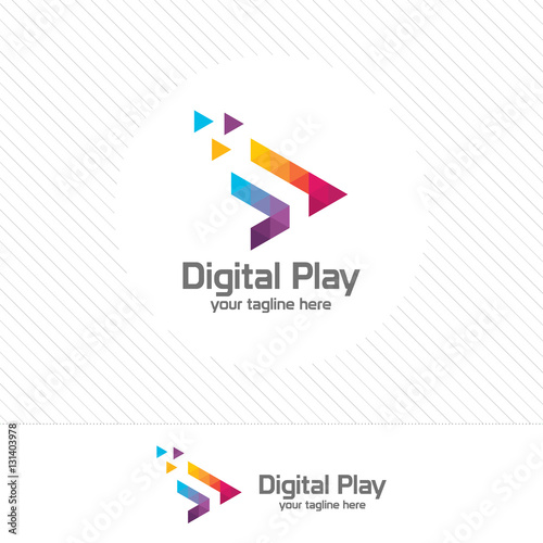 Colorful media play logo design vector with triangle pixel.