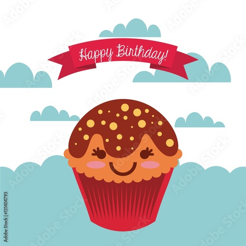 happy birthday card with cartoon cupcake icon and ribbon decoration. colorful design. vector illustration
