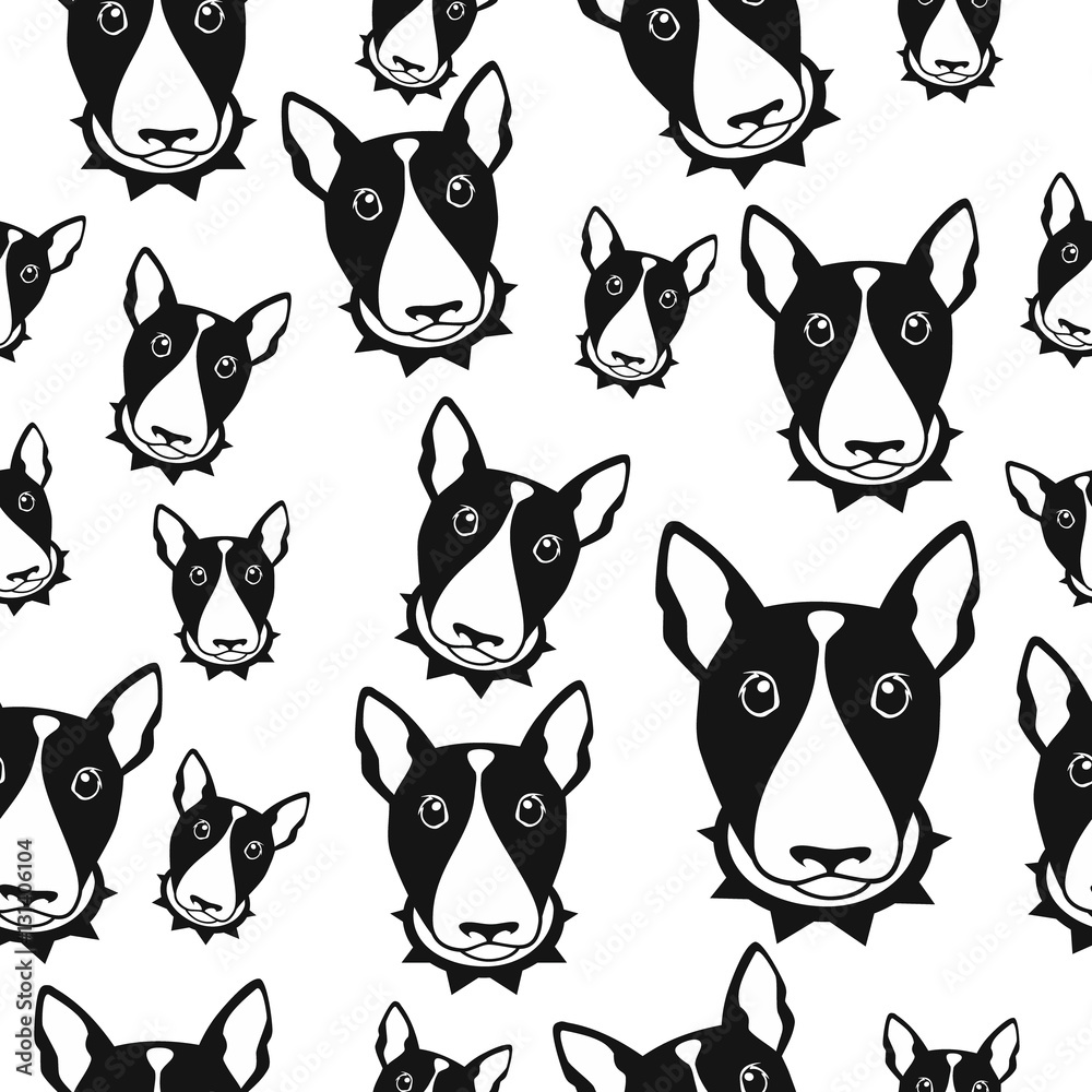 Happy dog bull terrier black and white vector background. Seamless pattern. Happy dog bull terrier black and white vector background. Seamless pattern.