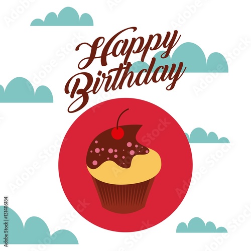 happy birthday card with cartoon cupcake icon over sky background. colorful design. vector illustration