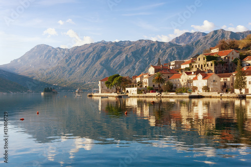View of Perast town on a sunny winter day. Bay of Kotor, Montenegro