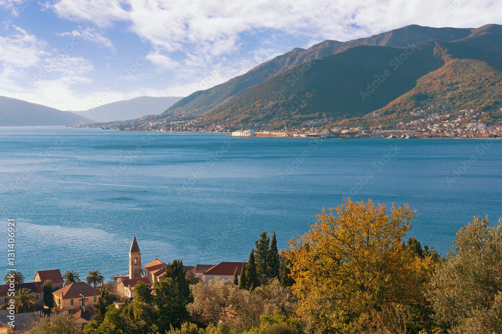 Bay of Kotor near Tivat city on a sunny winter day, Montenegro