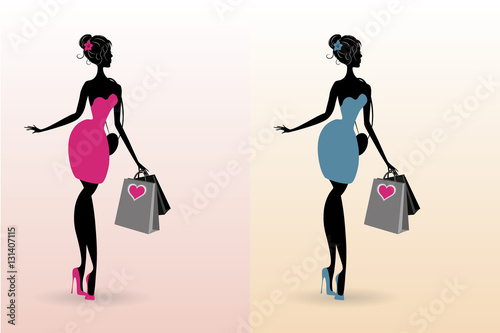 set vector silhouette woman shopping in valentine day (heart , love , pantone 2017 , black friday )