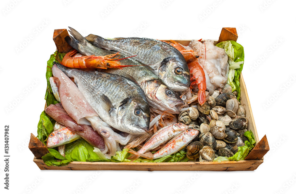 Box of fresh fish on white background. Box of fresh fish on white background.