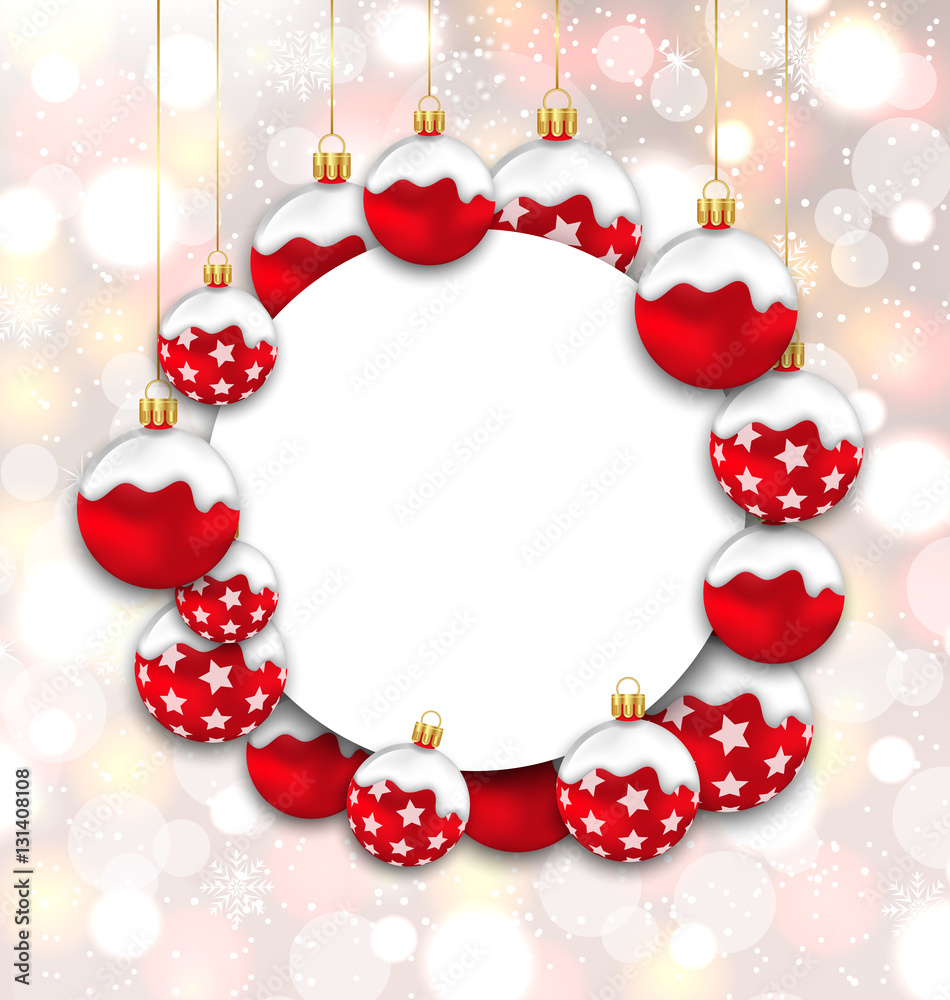 Christmas and Happy New Year Card with Red Snowing Balls Christmas and Happy New Year Card with Red Snowing Balls