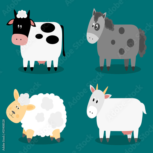 Funny cloven hoof farm animals collection. Isolated sheep, cow, donkey and goat. Vector illustration.