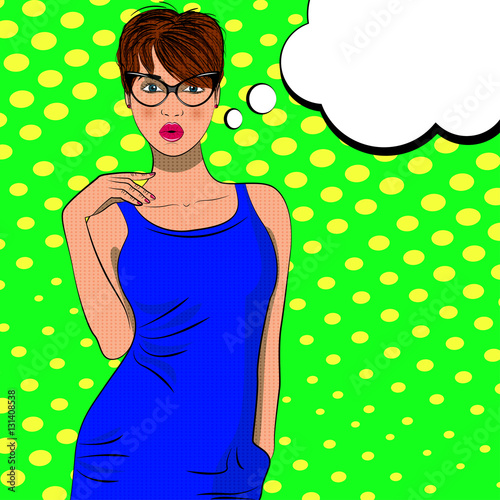 Pop art cute fashion woman in dress with glasses. Bubble sign.