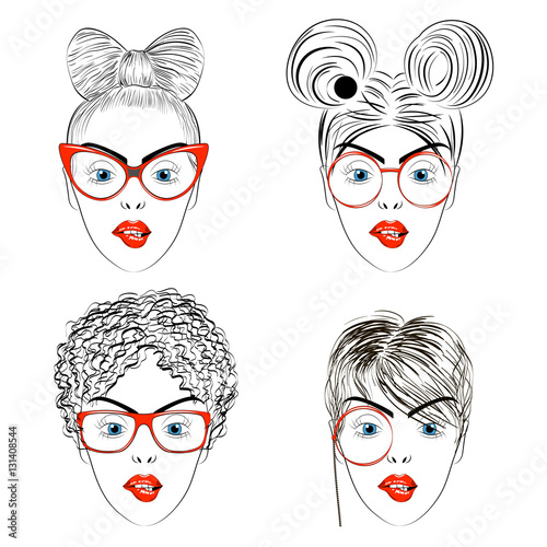 Set of drawing women faces with fashionable haircuts. Vector hairstyles illustration.