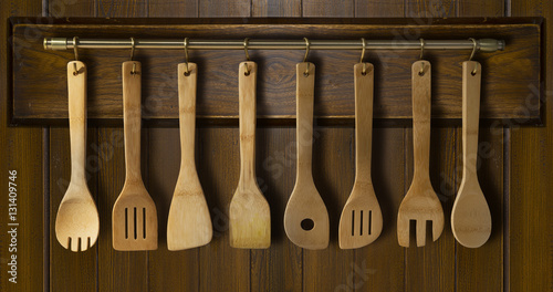 Kitchen utensil: wooden spoon, wooden fork wooden spatula