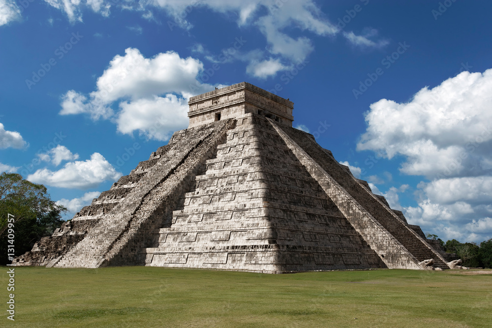 Pyramid of Kukulcan (El Castillo) at Chichen Itza, Mexico on a sunny winter day