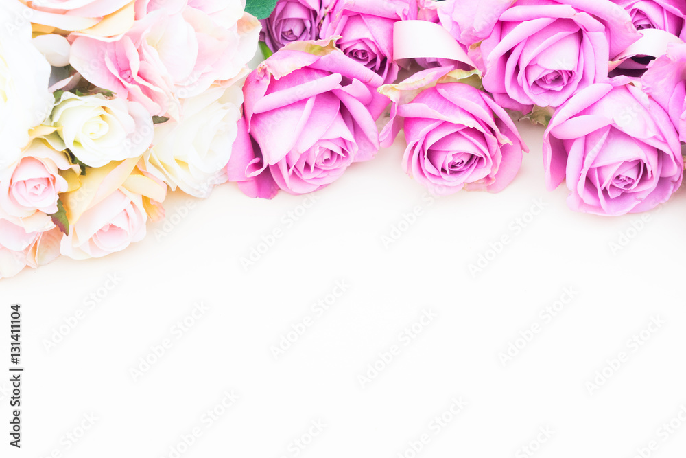 Valentines day violet roses top view flat ly border Valentines day violet roses top view flat ly border