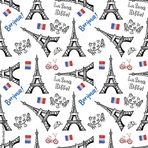 Seamless background with symbols of Paris