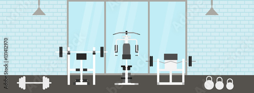 Fitness gym interior template with sports equipments and cardio equipment, exercise bike, treadmills, elliptical trainers, . Fitness concept with sport Club in flat style.