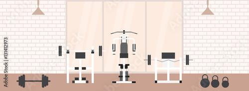 Fitness gym interior template with sports equipments and cardio equipment, exercise bike, treadmills, elliptical trainers, . Fitness concept with sport Club in flat style.
