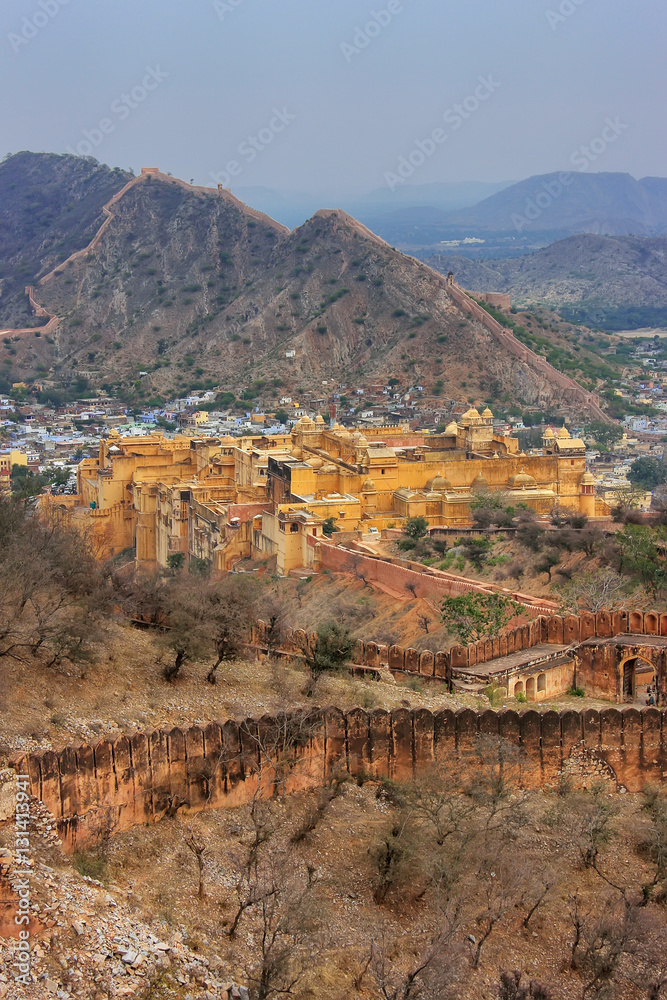 Amber Fort and defensive walls of Jaigarh Fort in Rajasthan, Ind