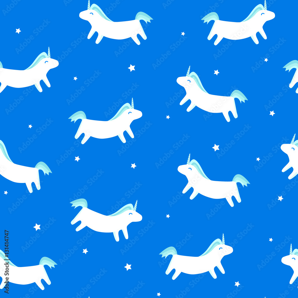 Seamless pattern with fun unicorn and stars on blue background. Merry Christmas ornament for textile and wrapping. Vector