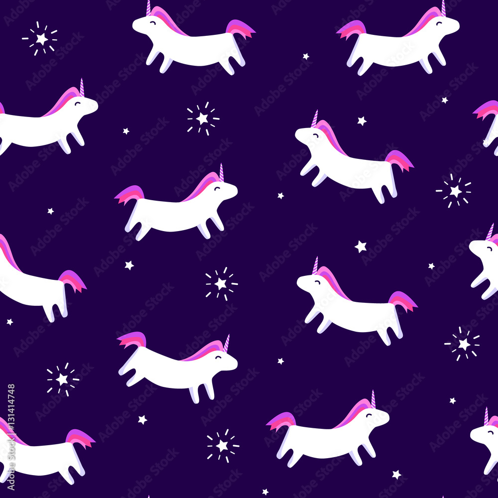 Seamless pattern with fun unicorn and stars with rays on violet background. Merry Christmas ornament for textile and wrapping. Vector