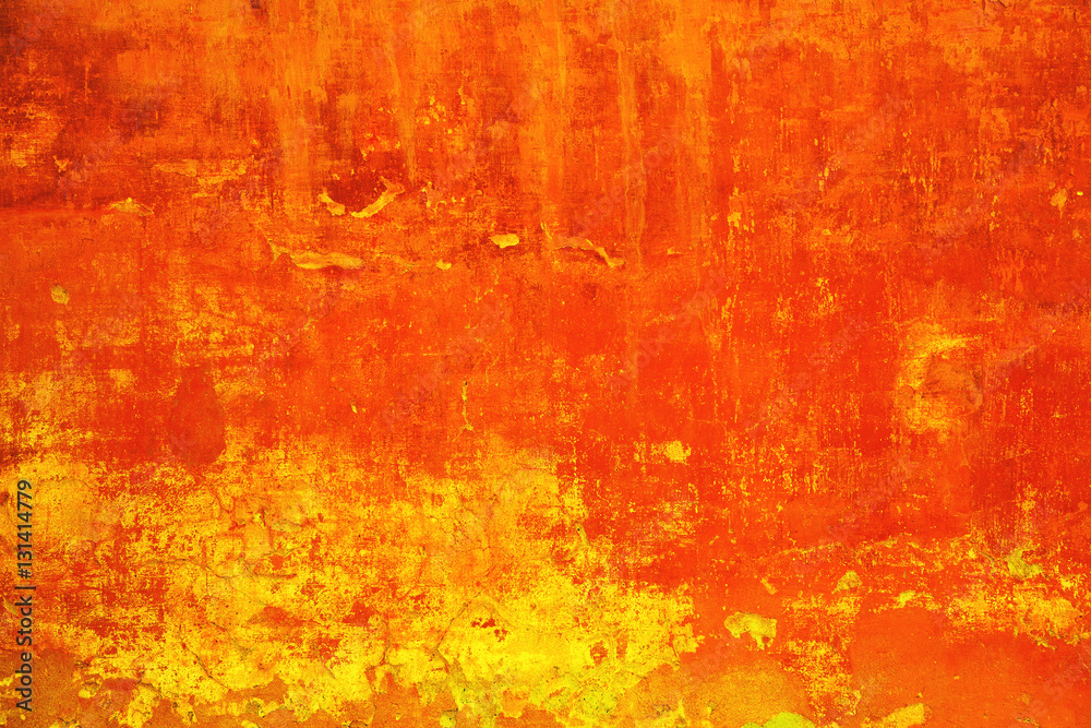 Rough wall of bright red-yellow color. Grunge background