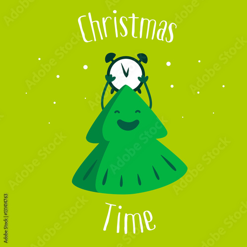 Fun Christmas tree with clock and snow on green background. Christmas time. Greeting card. Vector illustration.