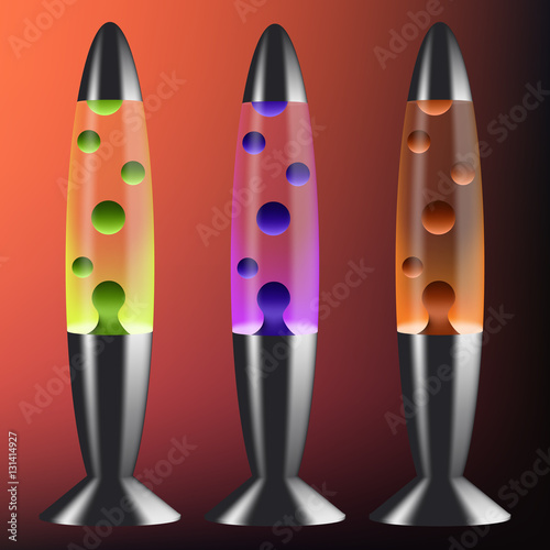 Three realistic lava lamps in different colors on dark background. Editable vector illustration.