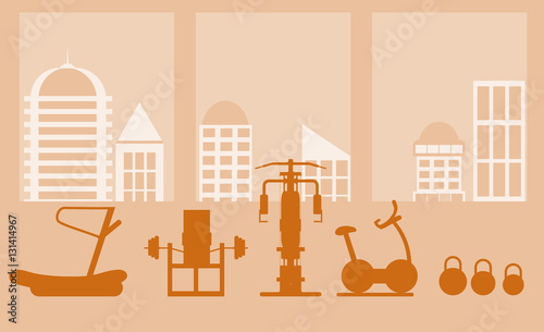 Fitness gym interior template with sports equipments and cardio equipment, exercise bike, treadmills, elliptical trainers, . Fitness concept with sport Club in flat style.