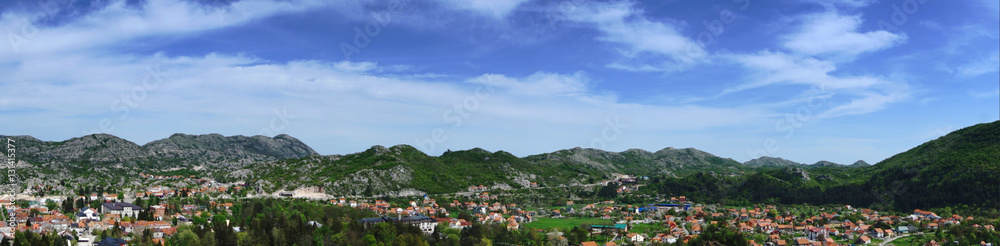 Town of Cetinje summer overlooking panoramic shot. Old royal capital in Montenegro, popular touristic destination