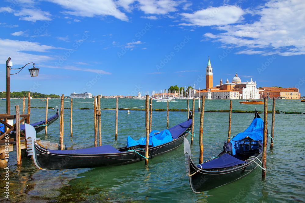 Gondolas moored near San Marco square across from San Giorgio Ma
