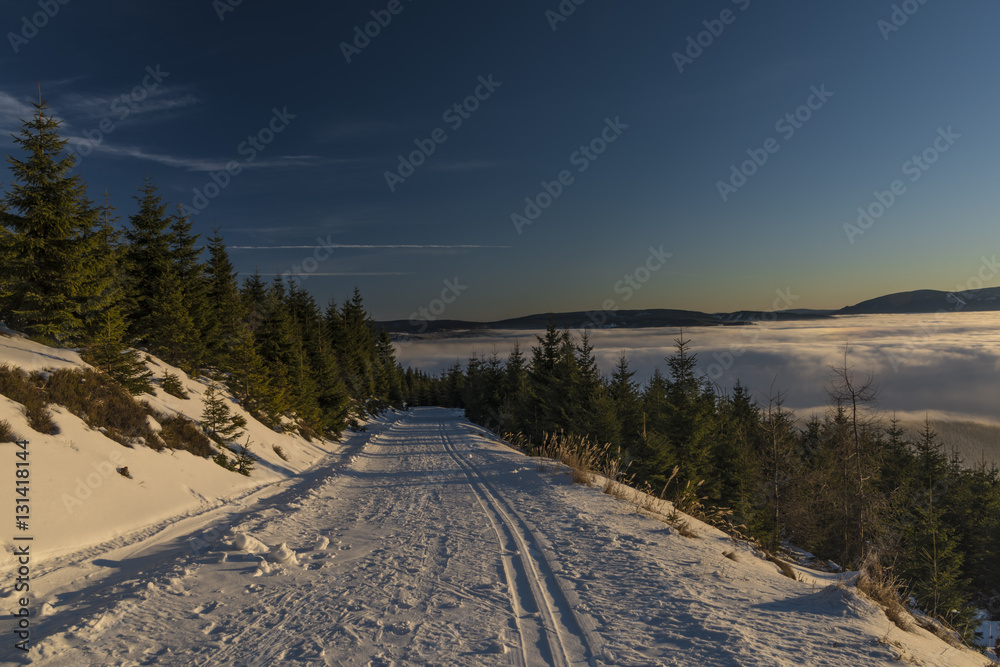 Sunrise in Jeseniky mountains in Christmas time