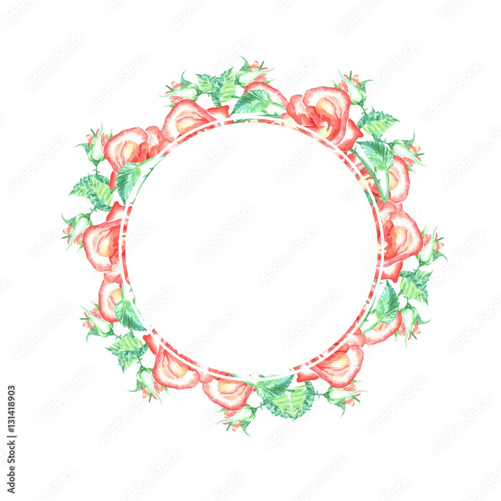 Romantic wreath with red roses and green leafs. Handdrawn artwork