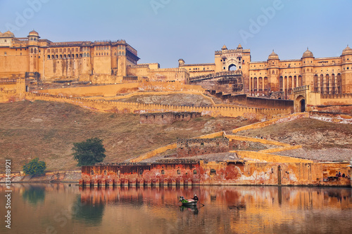 Amber Fort reflected in Maota Lake near Jaipur  Rajasthan  India