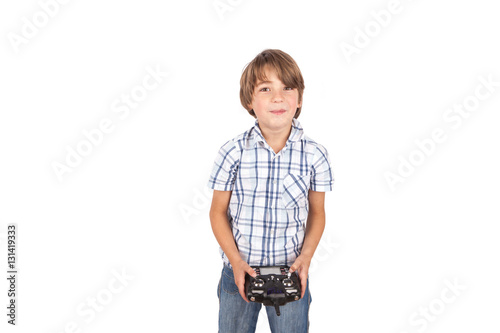 Boy with a drone remote control isolated on white background