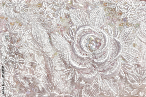 Detail from the embroidered bodice of a wedding dress