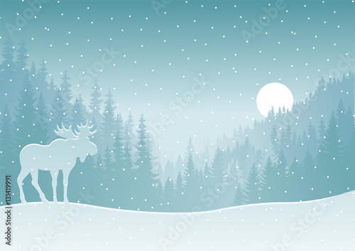 vector mountains forest background with moose