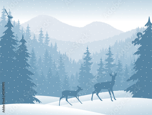 vector mountains forest background with Roe deers