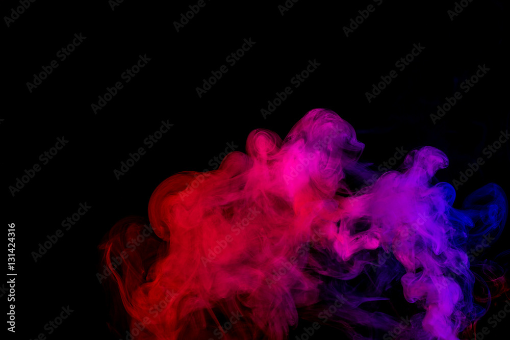 Fototapeta premium Abstract smoke Weipa. Personal vaporizers fragrant steam. The concept of alternative non-nicotine smoking. Purple pink smoke on a black background. E-cigarette. Evaporator. Taking Close-up. Vaping.
