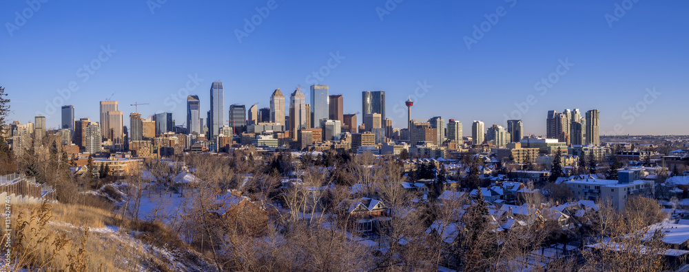 Calgary's skyline at sunrise on a cold winter day in Calgary, Alberta. 