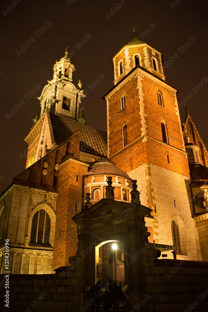 View of the Wawel Royal Archcathedral Basilica of Saints Stanislaus and Wenceslaus as part of Wawel castle architectural complex on the Wawel Hill at winter night, Krakow, Poland.