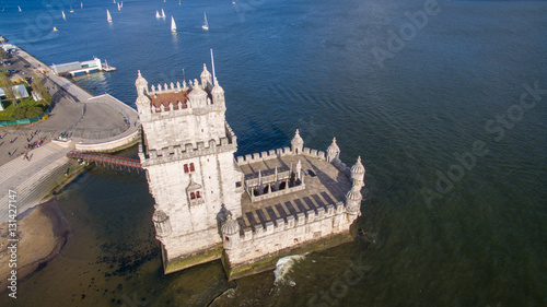 Aerial view of Belem tower in Lisbon, Portugal