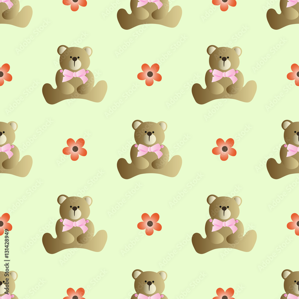 Seamless pattern with teddy bear with a bow and flowers on a green ...