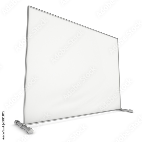 Billet press wall with blank banner. Mobile trade show booth white and blank. 3d render isolated on white background. High Resolution Template for your design.