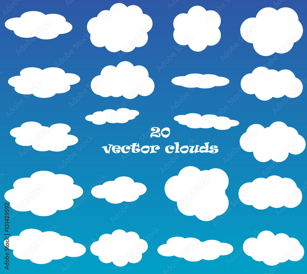 Cloud vector icons isolated over gradient blue background