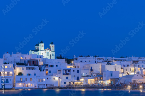 Beautiful blue hour of local church of Naoussa village at Paros island. 