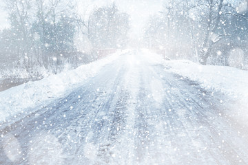 Countryside road during snow storm