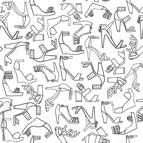 Black and white hand drawn vector pattern with flat doodle shoes with high heels and platform. Different sandals in black and white fashion design, hand drawn with ink. Monochrome background on white.
