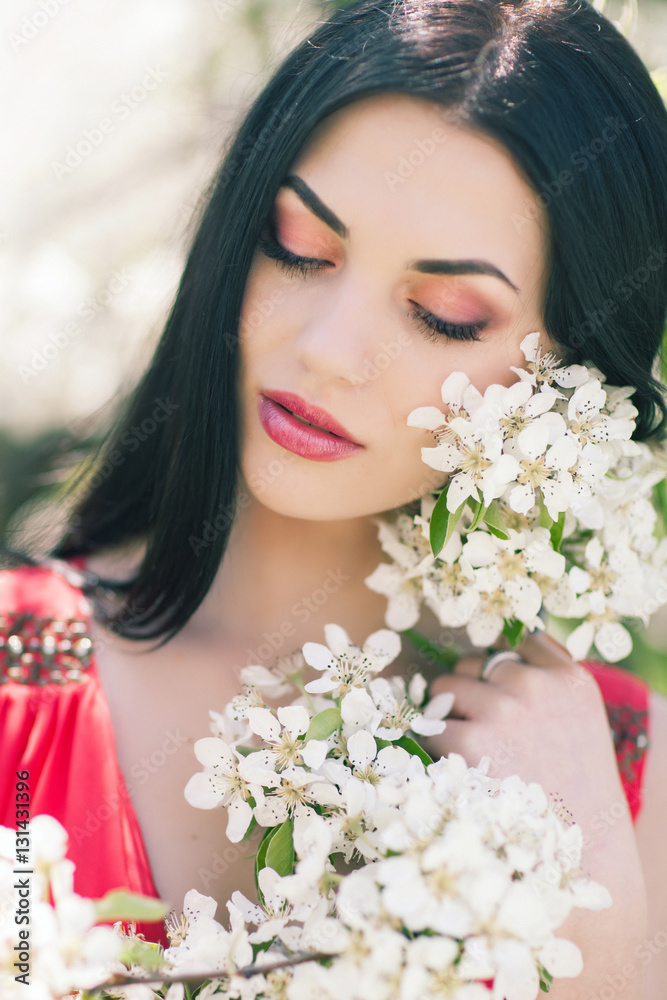 Outdoor Portrait of a Beautiful Brunette Woman in Color dress am