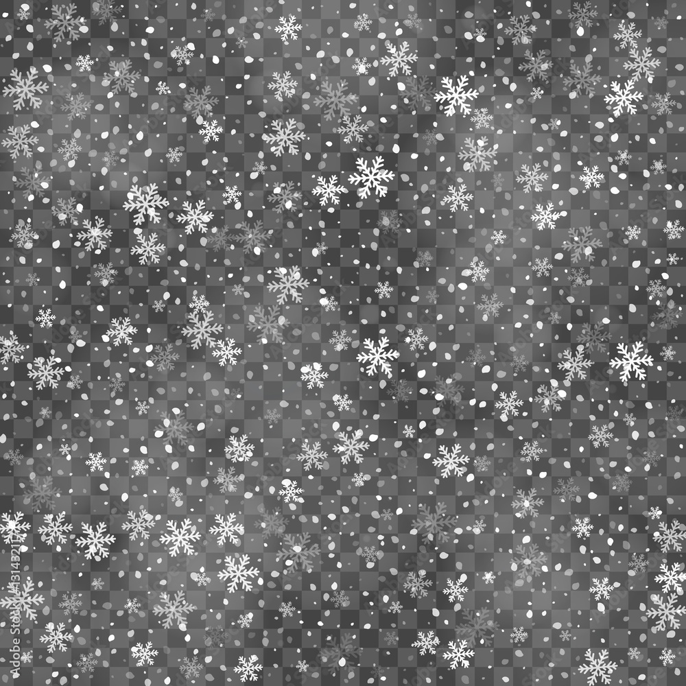 Abstract creative christmas falling snow isolated on background. Vector illustration clipart art for Xmas holiday decoration. Concept idea design element. Realistic snowflake. Winter frost effect